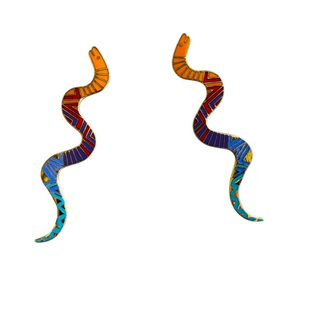 Laurel Burch Signed Snake Earrings VTG Colorful Enamel Drop Chunky Retro 1980s